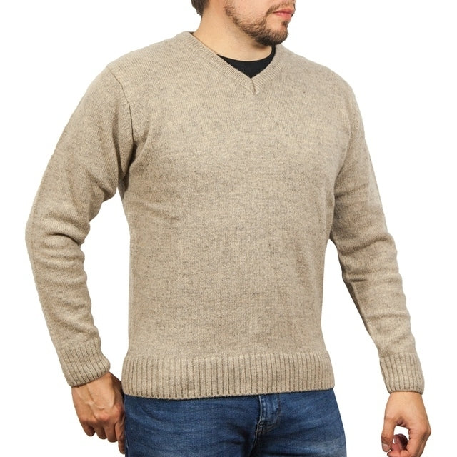 100% Shetland Ragg Wool V Neck Knit Jumper Pullover Mens Sweater Knitted - Oat Marle-10