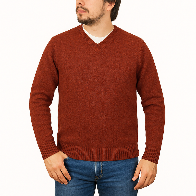 Load image into Gallery viewer, 100% Shetland Ragg Wool V Neck Knit Jumper Pullover Mens Sweater Knitted - Rust Size M-0
