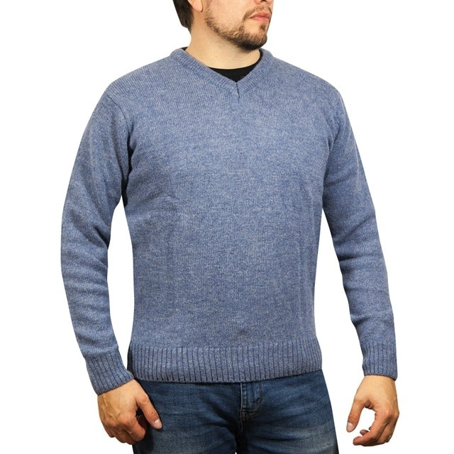 100% Shetland Ragg Wool V Neck Knit Jumper Pullover Mens Sweater Knitted - Sky-0