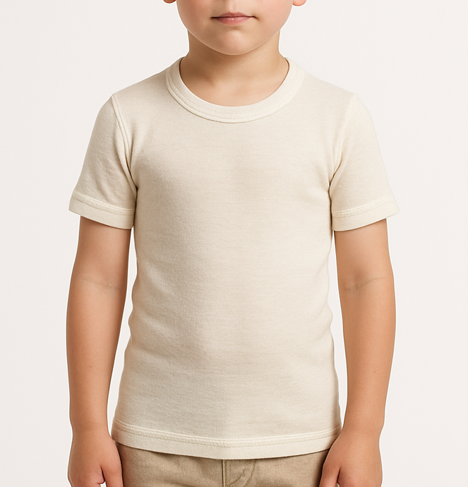 Thermo Fleece Childrens Merino Wool Blend Thermal Underwear Kids Short Sleeve Tee Top - Natural-0