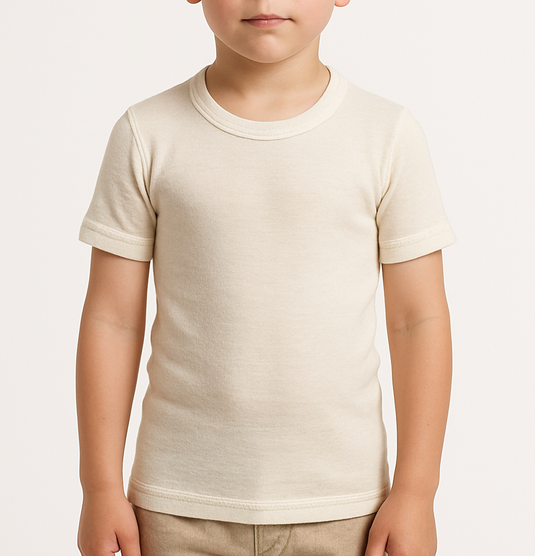 Thermo Fleece Childrens Merino Wool Blend Thermal Underwear Kids Short Sleeve Tee Top - Natural-0