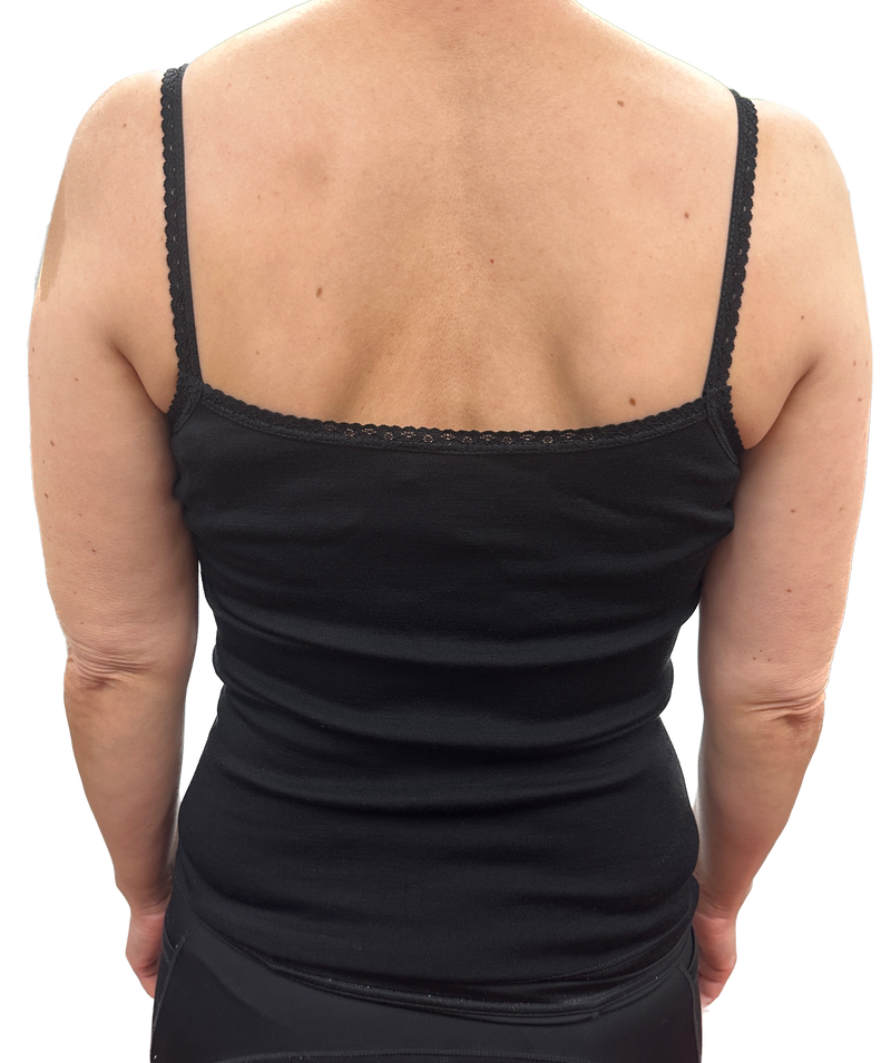 Load image into Gallery viewer, Thermo Fleece Ladies Pure Wool Camisole w Lace Thermal Thermals Top Singlet - Black-3
