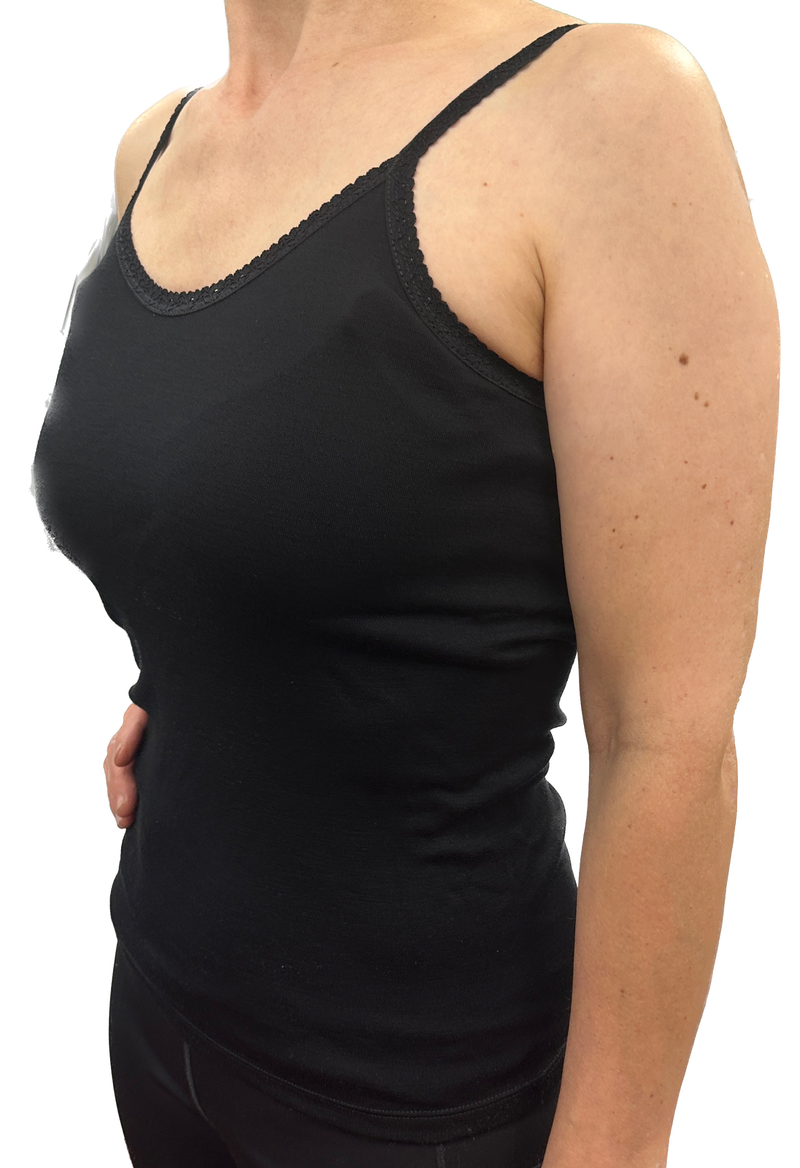Load image into Gallery viewer, Thermo Fleece Ladies Pure Wool Camisole w Lace Thermal Thermals Top Singlet - Black-0
