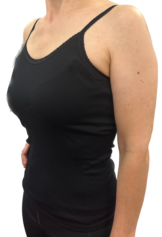 Thermo Fleece Ladies Pure Wool Camisole w Lace Thermal Thermals Top Singlet - Black-0