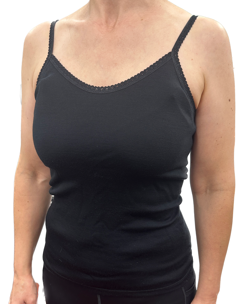 Load image into Gallery viewer, Thermo Fleece Ladies Pure Wool Camisole w Lace Thermal Thermals Top Singlet - Black-4
