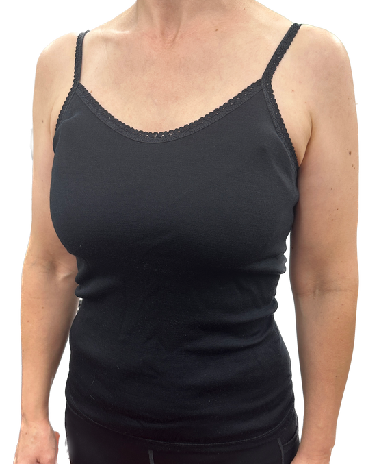 Thermo Fleece Ladies Pure Wool Camisole w Lace Thermal Thermals Top Singlet - Black-4
