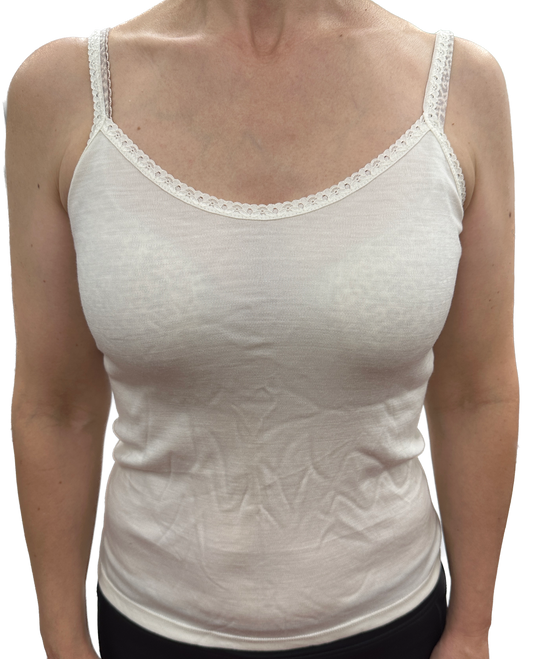Thermo Fleece Ladies Pure Wool Camisole w Lace Thermal Thermals Top Singlet - Natural-0