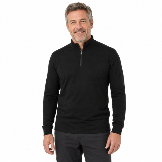Mens Pure Merino Wool 1/4 Zip Long Sleeve Polo Neck Thermal Top Warm Thermals  - Black-0