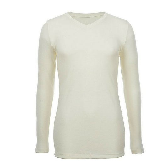 Mens 100% Pure Merino Wool Thermal Underwear V Neck Long Sleeve Top - Natural-4