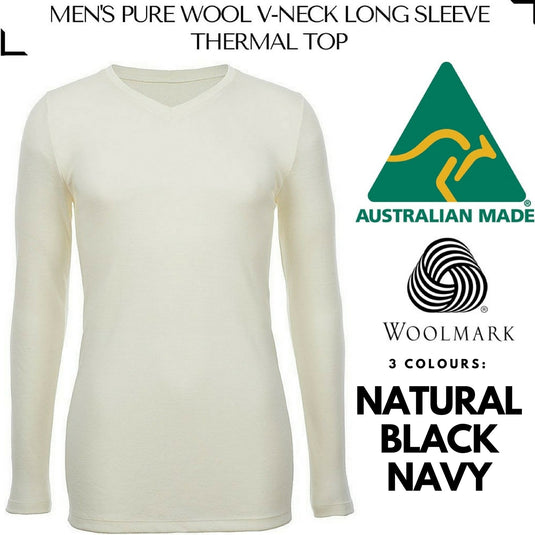 Mens 100% Pure Merino Wool V-Neck Long Sleeve Top T Shirt Thermal Underwear-1