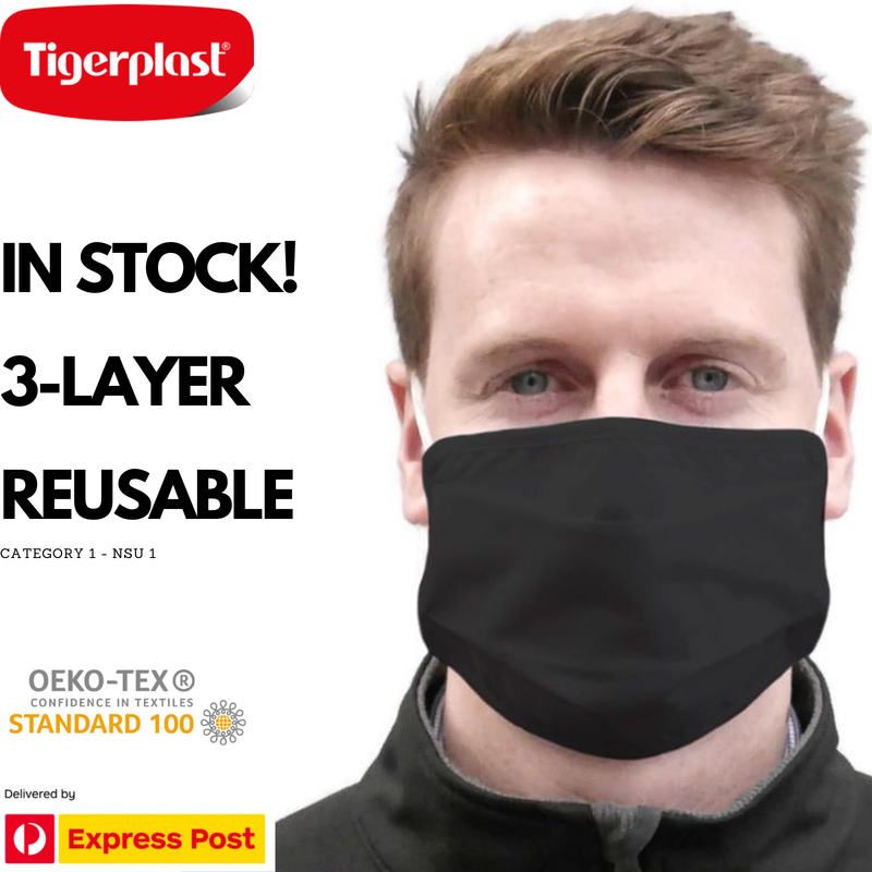 Load image into Gallery viewer, TIGERPLAST Fabric Face Mask Washable Reusable Mask Protect Anti-Microbial Mouth Cover - Black-1
