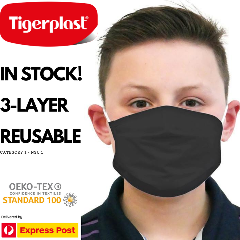 Load image into Gallery viewer, TIGERPLAST Kids Fabric Face Mask Washable Reusable Mask Protect Mouth Cover - Black-1
