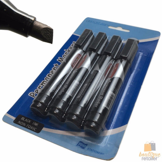 8x CHISEL TIP PERMANENT MARKERS Non Toxic Black Ink Texta-1