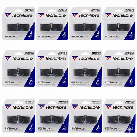 12x Tecnifibre Wax Tennis Grip Max Tacky Grip 2.1mm - Strong Tackiness in Black-0