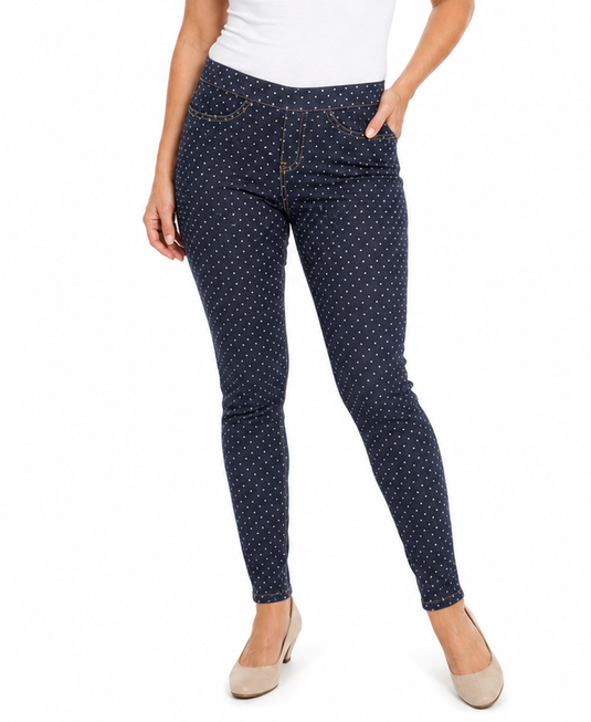 Womens JEGGINGS Full Length Ladies Skinny Pants Stretchy Leggings Slim - Denim Blue with White Polka Dots-0