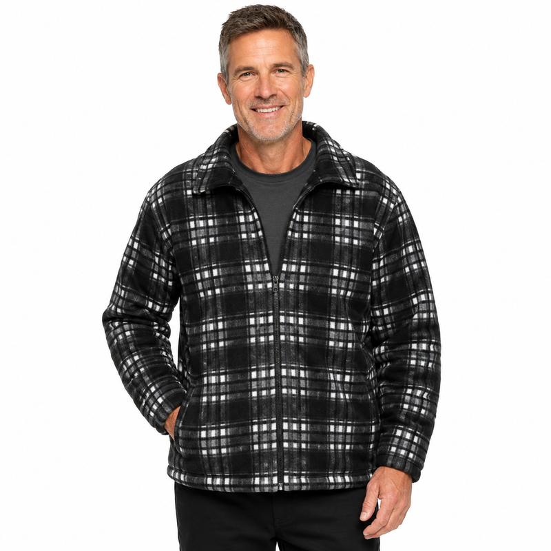 Load image into Gallery viewer, Mens Fur Lined Zip Jacket Polar Fleece w/ Quilted Sleeves Warm Winter in Black Check-0
