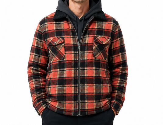 Mens Fur Sherpa Lined Check Shacket Jacket Shirt Fleece Lined in Barn Red Check-0