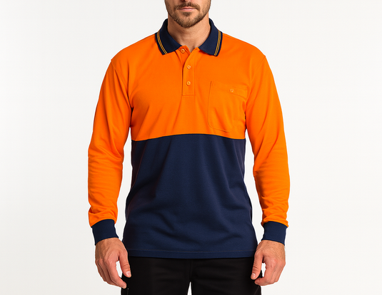 Mens Hi Vis Long Sleeve Polo Shirt Safety Workwear in Orange/Navy-1