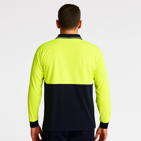 Mens Hi Vis Long Sleeve Polo Shirt Safety Workwear in Yellow/Navy-3