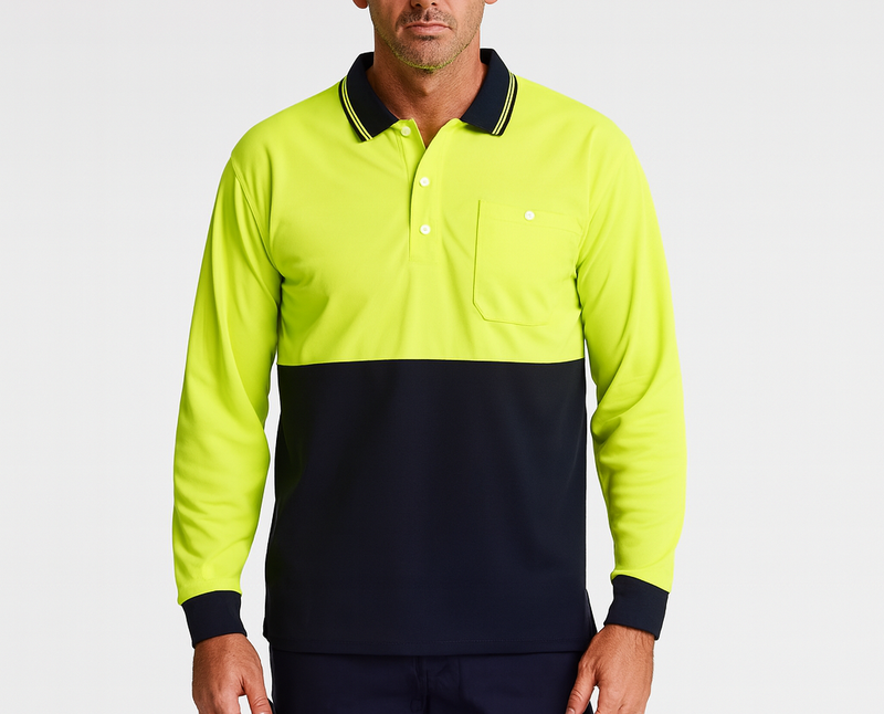 Load image into Gallery viewer, Mens Hi Vis Long Sleeve Polo Shirt Safety Workwear in Yellow/Navy-1
