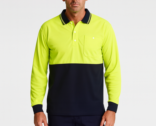 Mens Hi Vis Long Sleeve Polo Shirt Safety Workwear in Yellow/Navy-1