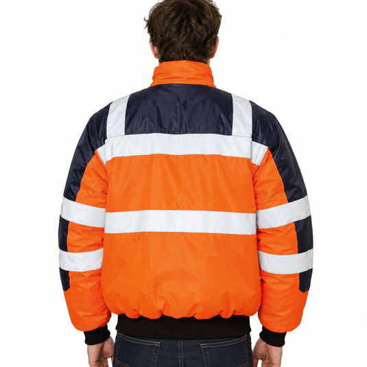 3-in-1 Hi Vis Safety Bomber Jacket Waterproof Reflective Quilted - Orange Navy-2