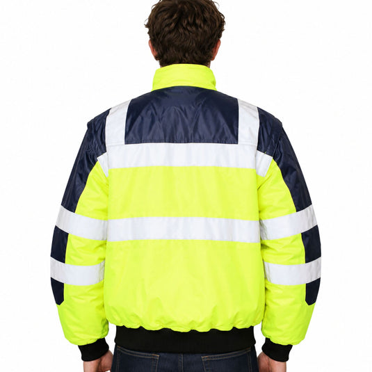 3-in-1 Hi Vis Safety Bomber Jacket Waterproof Reflective Quilted - Yellow/Navy-2