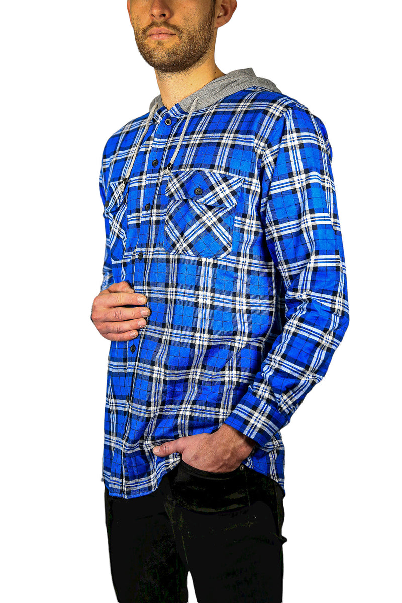 Load image into Gallery viewer, Mens Cotton Flannelette Shirt w Jersey Hood Long Sleeve Flannel - Spanish Blue-3
