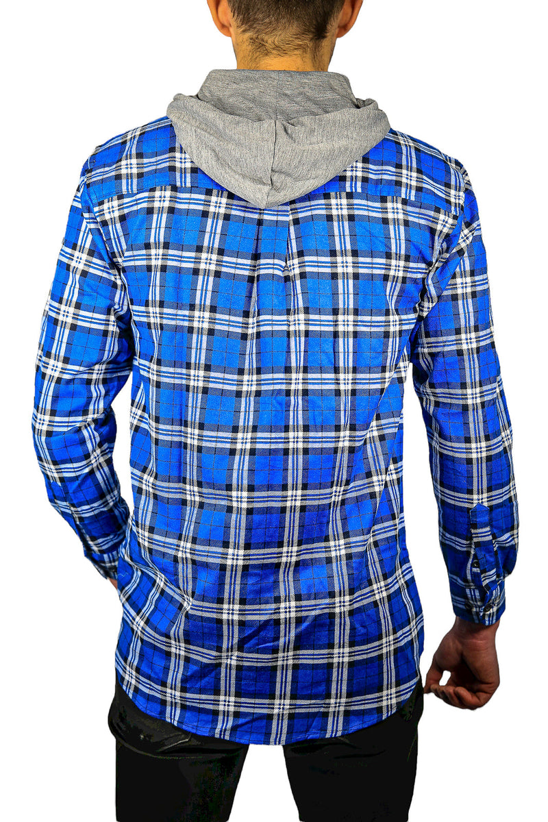 Load image into Gallery viewer, Mens Cotton Flannelette Shirt w Jersey Hood Long Sleeve Flannel - Spanish Blue-4
