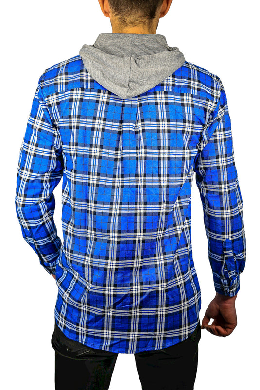 Mens Cotton Flannelette Shirt w Jersey Hood Long Sleeve Flannel - Spanish Blue-4