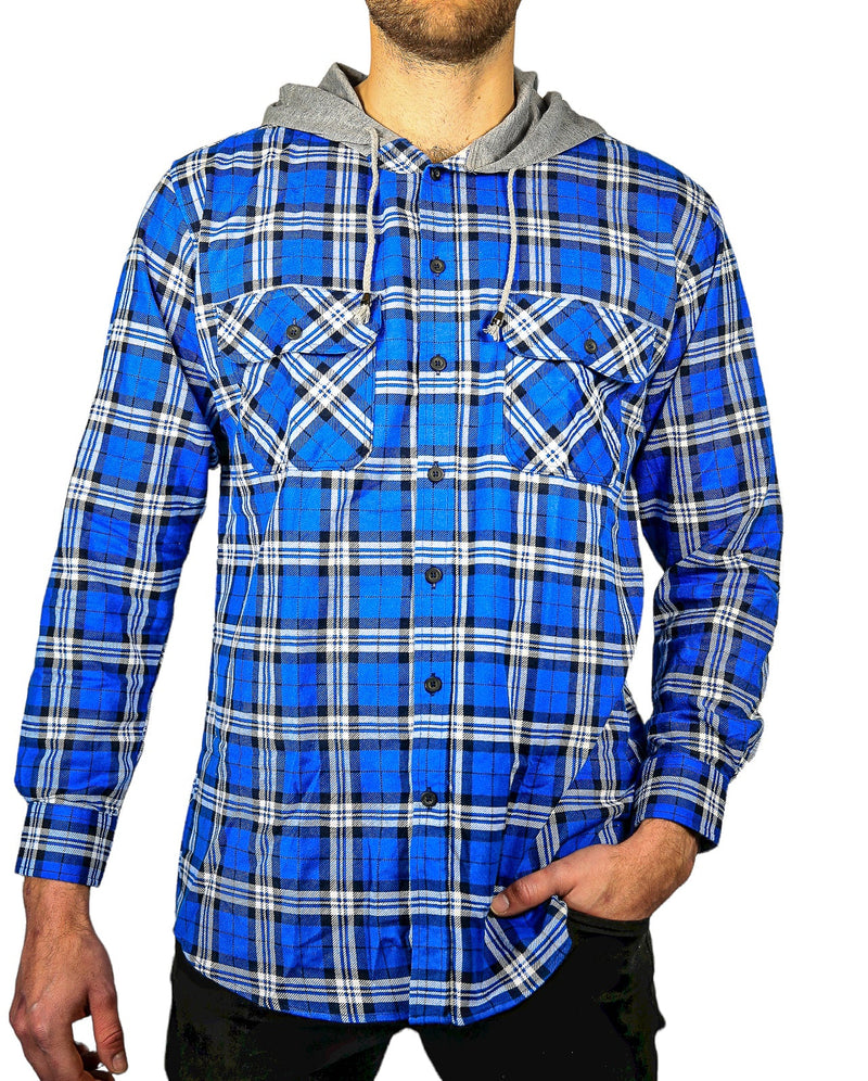 Load image into Gallery viewer, Mens Cotton Flannelette Shirt w Jersey Hood Long Sleeve Flannel - Spanish Blue-1
