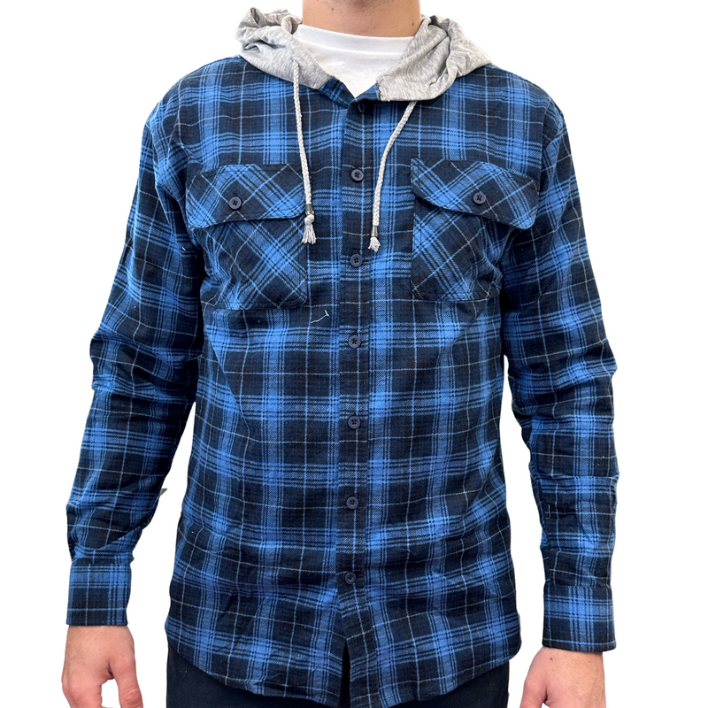 Load image into Gallery viewer, Mens Cotton Flannelette Shirt w Jersey Hood Long Sleeve Flannel - Blue-0
