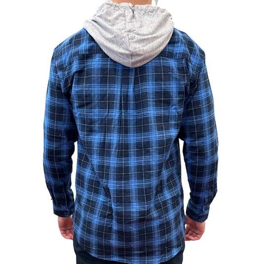 Mens Cotton Flannelette Shirt w Jersey Hood Long Sleeve Flannel - Blue-3