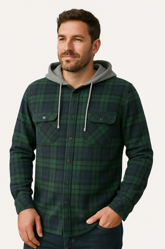 Mens Cotton Flannelette Shirt w Jersey Hood Long Sleeve Flannel-4