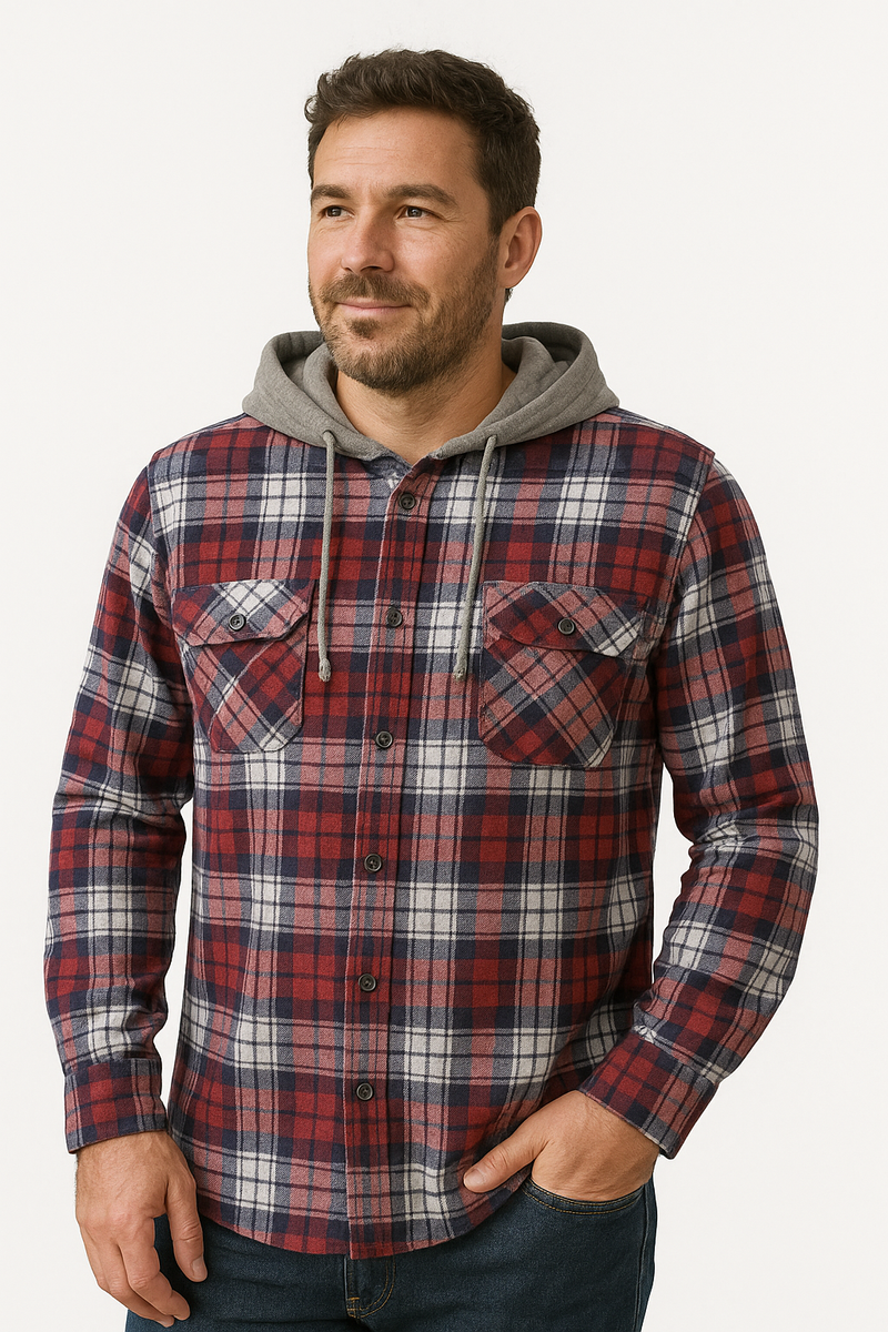 Load image into Gallery viewer, Mens Cotton Flannelette Shirt w Jersey Hood Long Sleeve Flannel-5
