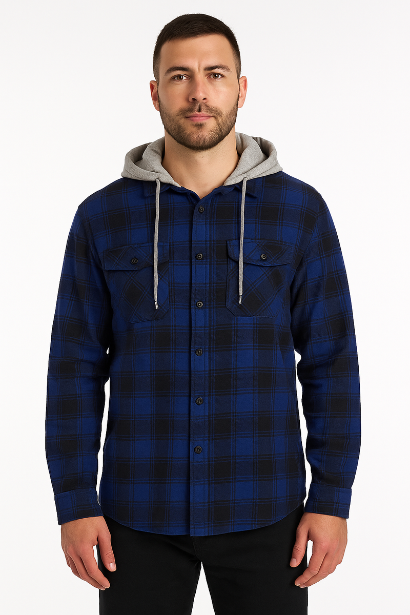 Load image into Gallery viewer, Mens Cotton Flannelette Shirt w Jersey Hood Long Sleeve Flannel-10
