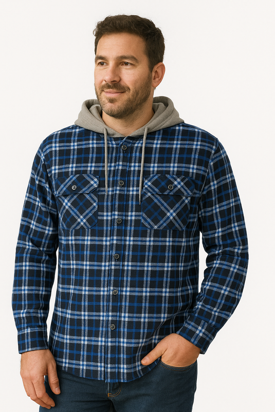 Mens Cotton Flannelette Shirt w Jersey Hood Long Sleeve Flannel-8