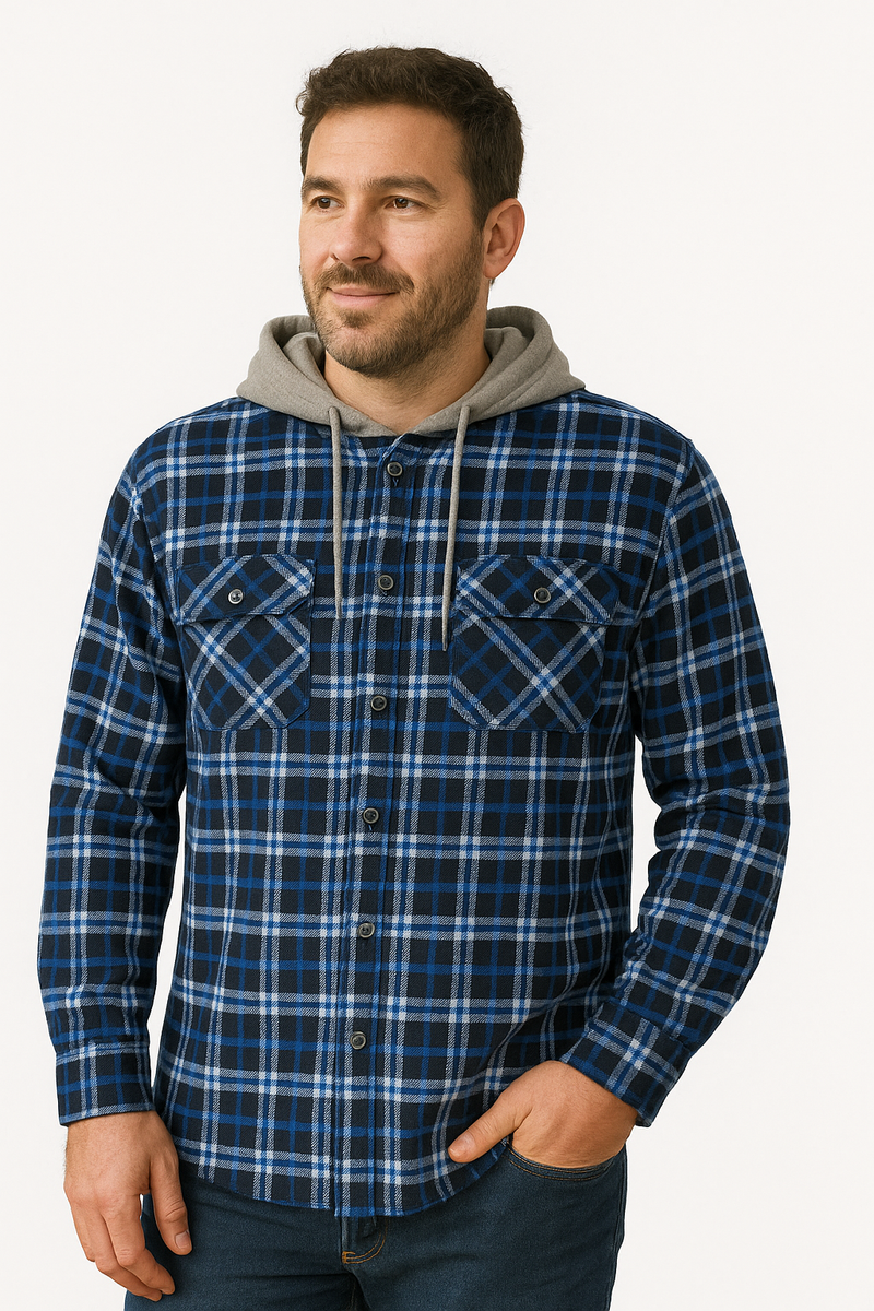 Load image into Gallery viewer, Mens Cotton Flannelette Shirt w Jersey Hood Long Sleeve Flannel-0
