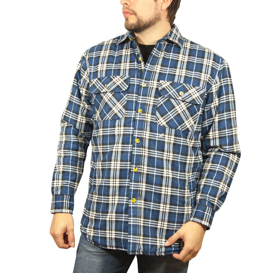 Jacksmith Quilted Flannelette Shirt Mens Jacket 100% Cotton Padded Warm Winter Flannel - Navy/Light Blue-0