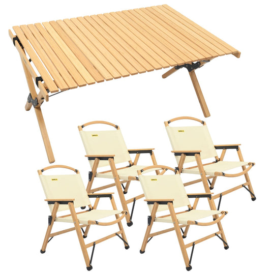 4 Chairs & 1 Table Set Bamboo Camping Folding Portable Outdoor Picnic Travel BBQ