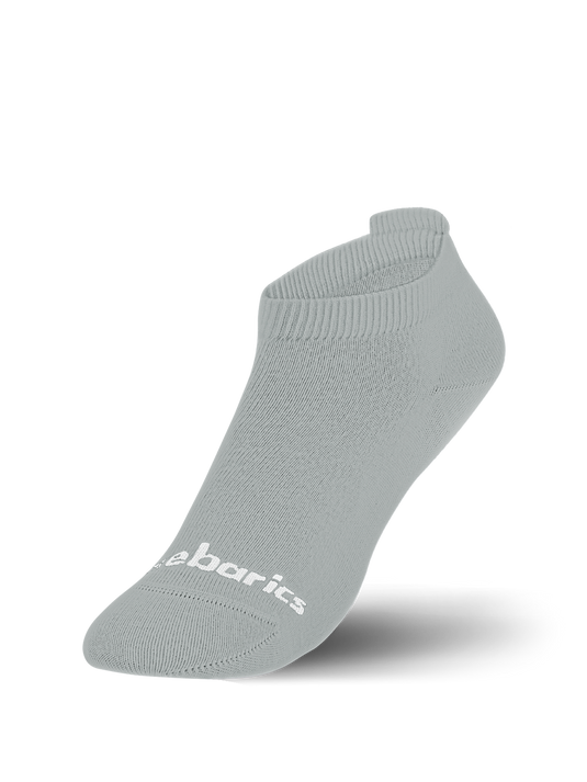 Barebarics low-cut grey barefoot sock showcasing soft fabric and ankle design for comfortable movement.