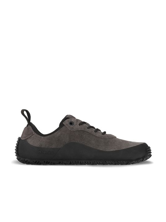 Dark grey Barefoot Shoes Be Lenka Trailwalker 3.0 for mountain trails, featuring flexible design and TrailproGrip sole.
