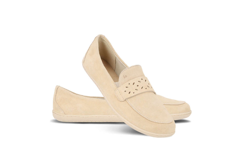 Load image into Gallery viewer, Be Lenka Bianca beige leather moccasins for women with decorative perforated pattern, perfect for dresses and casual wear.
