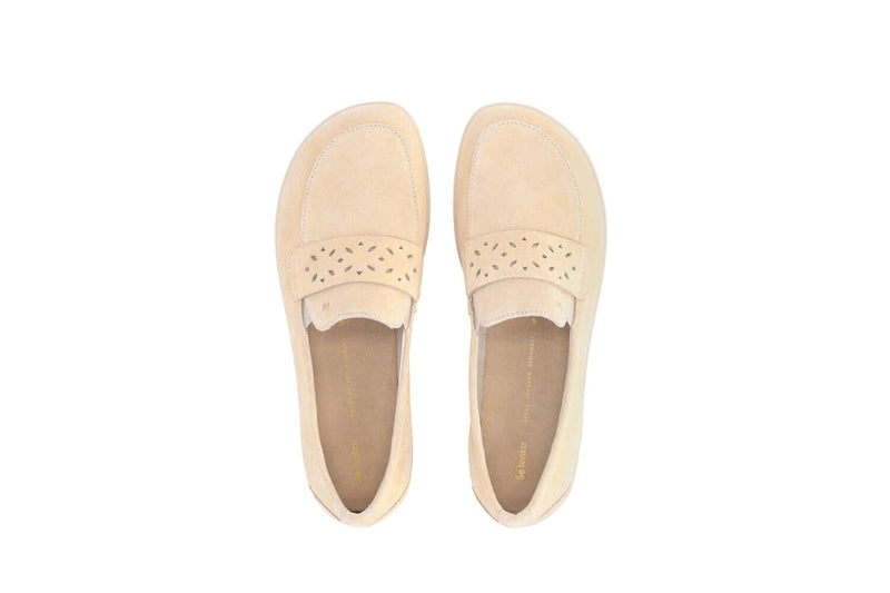 Load image into Gallery viewer, Be Lenka Bianca beige leather moccasins for women with perforated strap design, perfect for dresses and casual wear.
