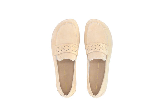 Be Lenka Bianca beige leather moccasins for women with perforated strap design, perfect for dresses and casual wear.