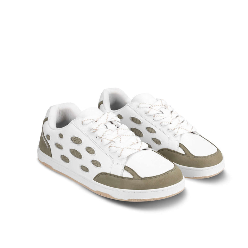 Load image into Gallery viewer, Eco-friendly Barefoot Sneakers Barebarics Fusion - White &amp; Army Brown
