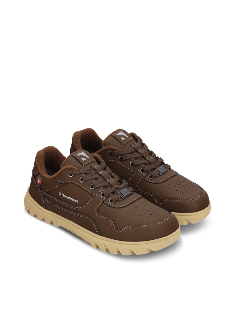Load image into Gallery viewer, Barebarics Zing Frost barefoot sneakers in dark brown, featuring sustainable leather and comfy traction soles.
