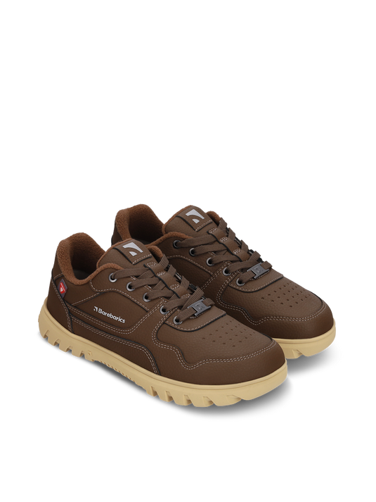 Barebarics Zing Frost barefoot sneakers in dark brown, featuring sustainable leather and comfy traction soles.