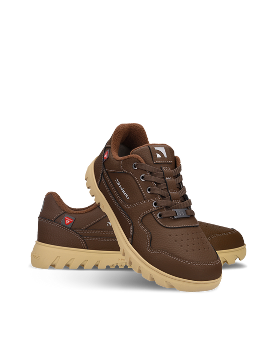 Barebarics Zing Frost barefoot sneakers in dark brown, featuring sustainable leather and Primaloft technology for winter comfort.