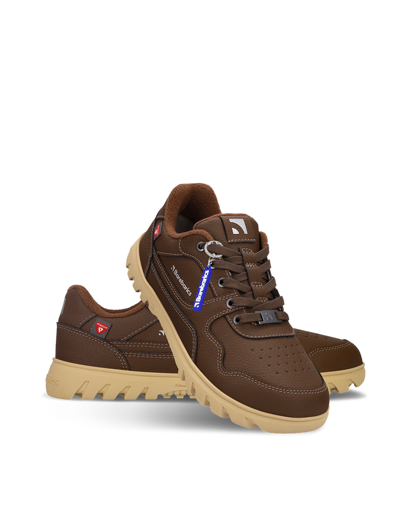 Load image into Gallery viewer, Barebarics Zing Frost dark brown barefoot sneakers showcasing sustainable leather and Primaloft technology.
